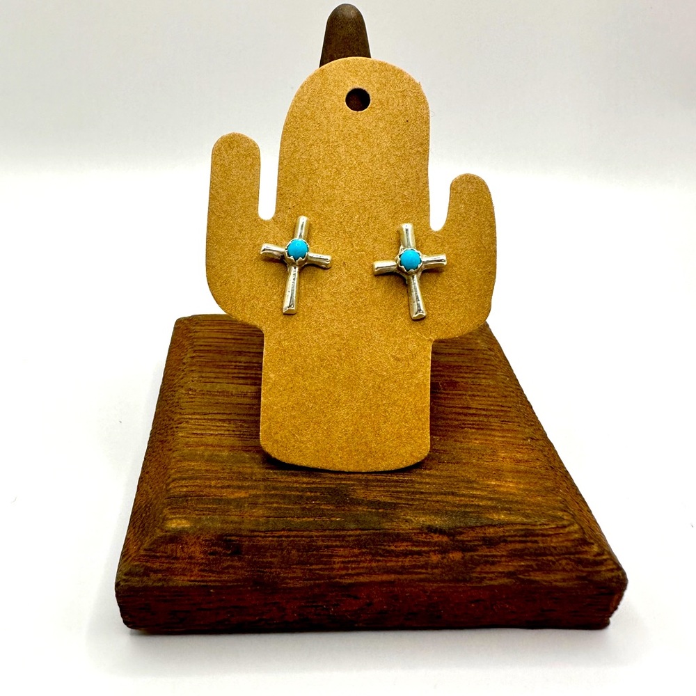 Sterling silver & sleeping beauty turquoise cross studs